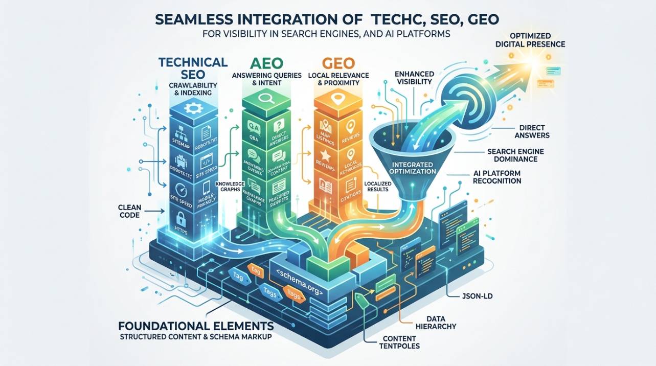 Diagrama ilustrando a integração de SEO técnico, AEO e GEO para otimização em motores de busca e IA, com foco em conteúdo estruturado e Schema Markup para resposta direta.