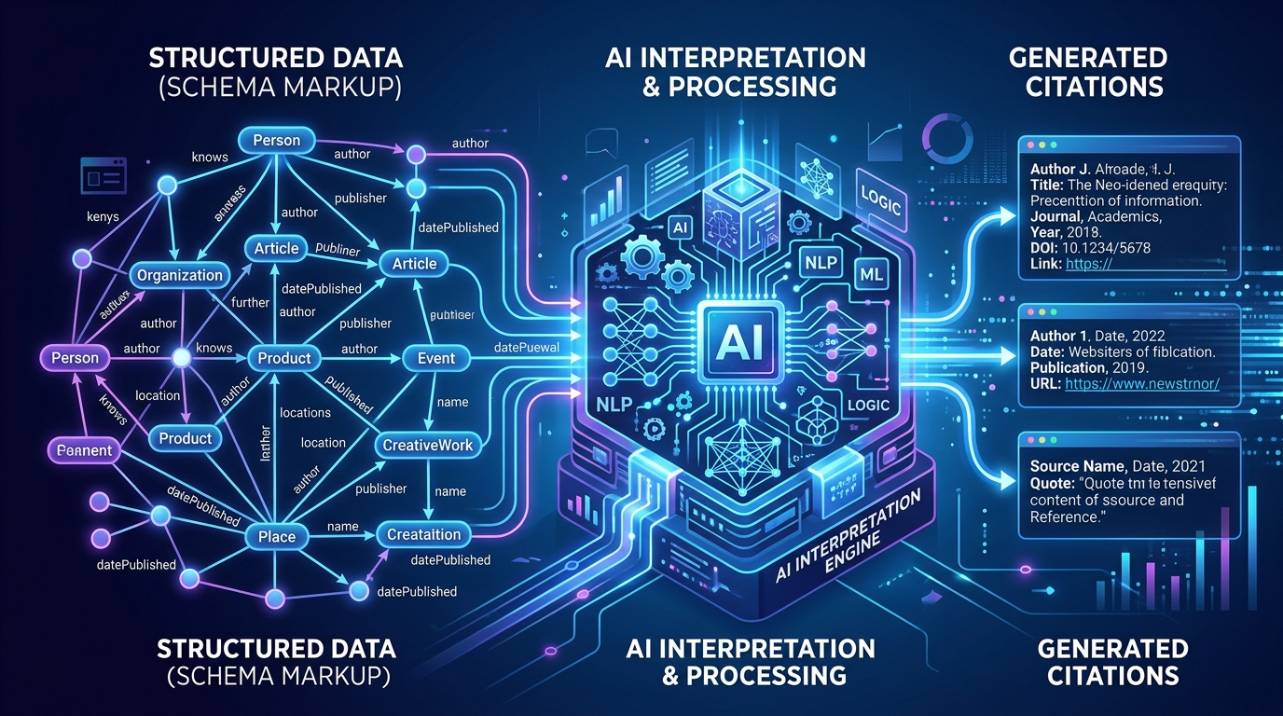 Ilustração de dados estruturados (Schema Markup) indicando como motores de IA interpretam o conteúdo para citações precisas.
