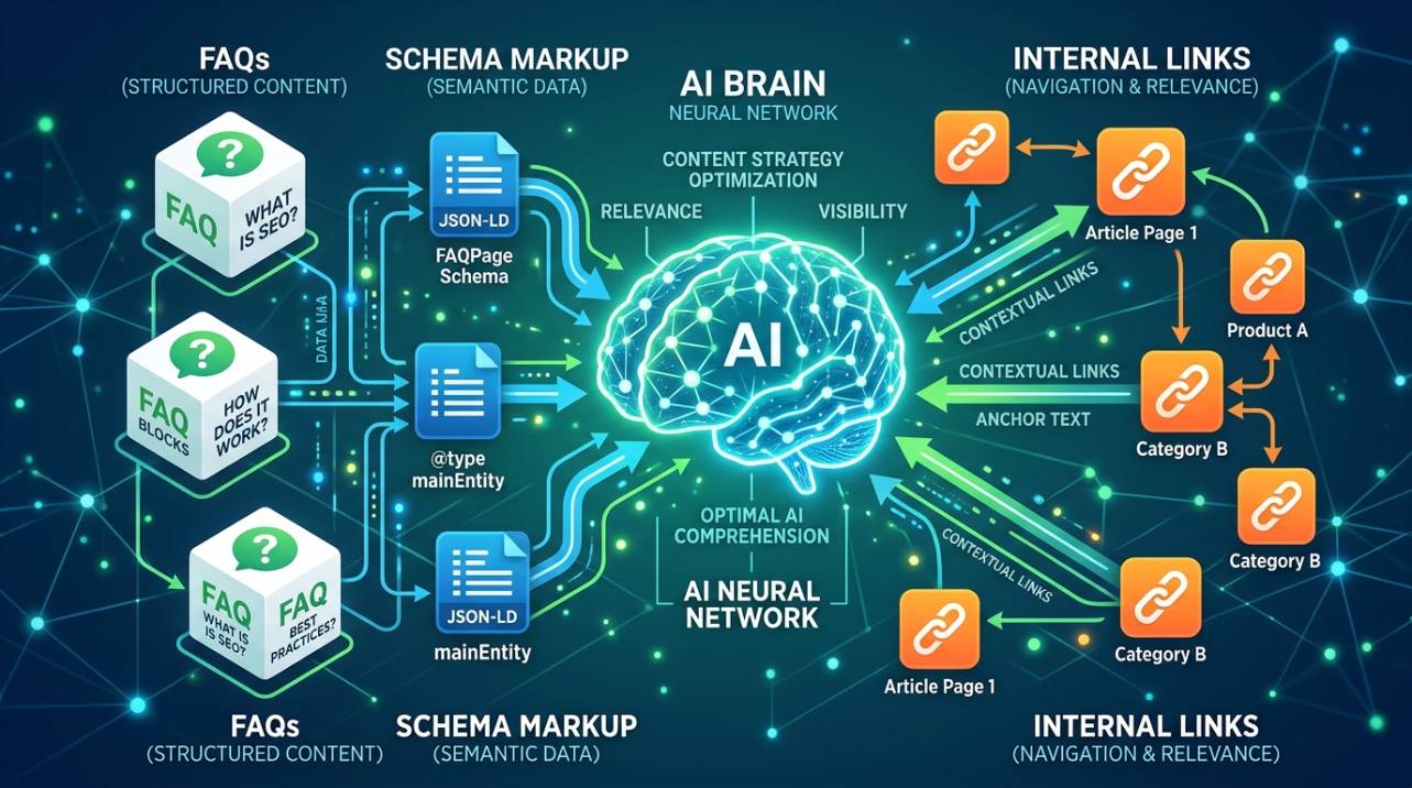 Representação esquemática da interconexão entre FAQs, Schema markup e links internos para uma estratégia de conteúdo otimizada para compreensão por inteligências artificiais.