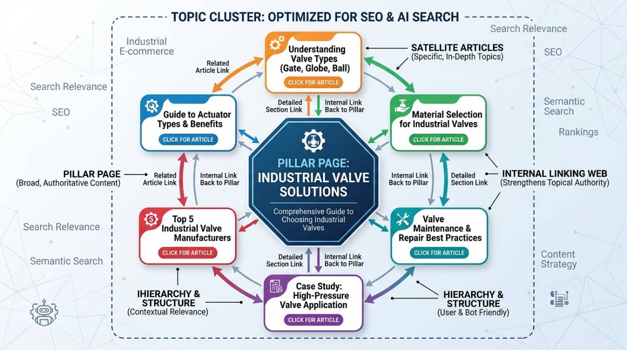 Diagrama ilustrando a estrutura de um topic cluster com página pilar central e artigos satélite interligados, otimizando o SEO para IA.