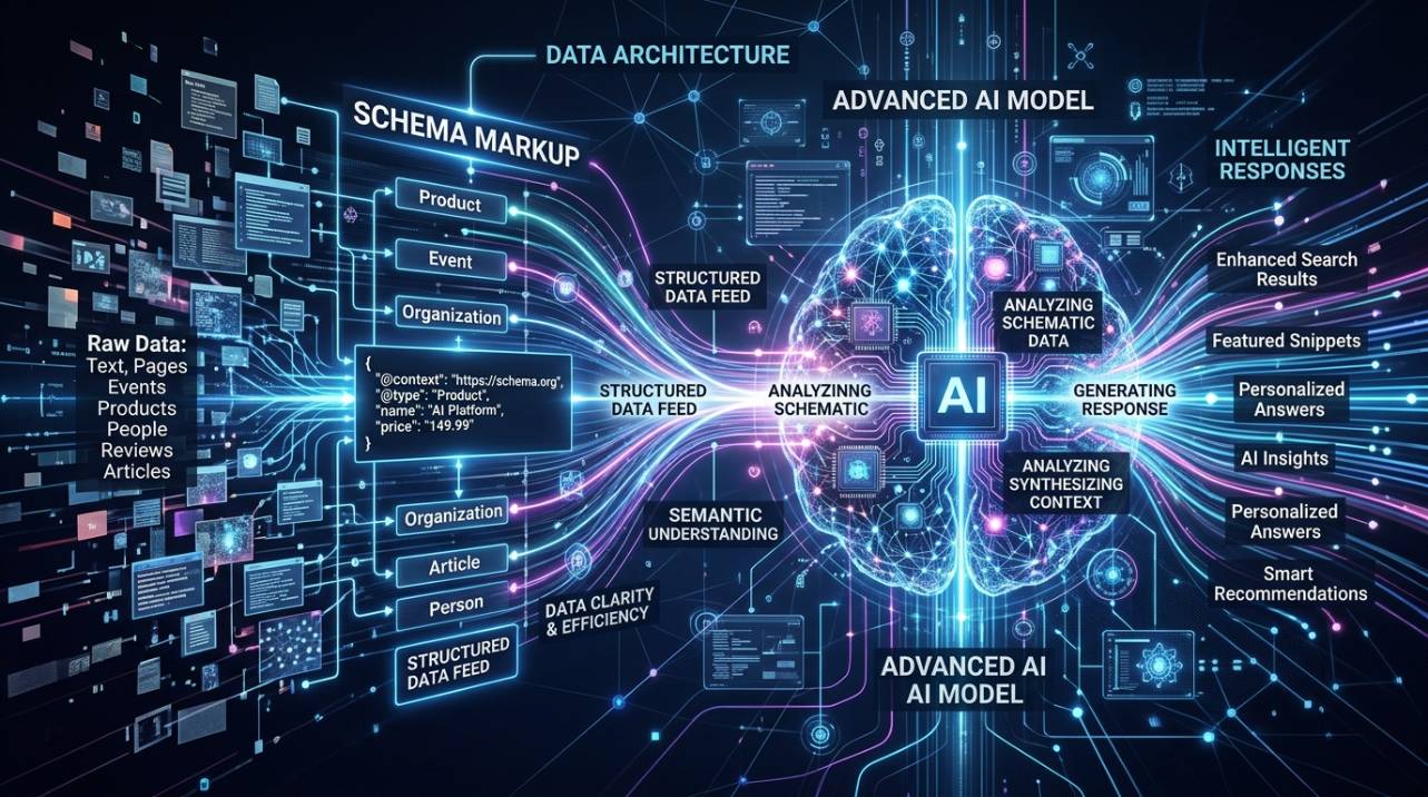 Representação visual do Schema Markup estruturando dados para inteligência artificial, mostrando blocos de informação interconectados e alimentando um modelo de IA para geração de respostas.