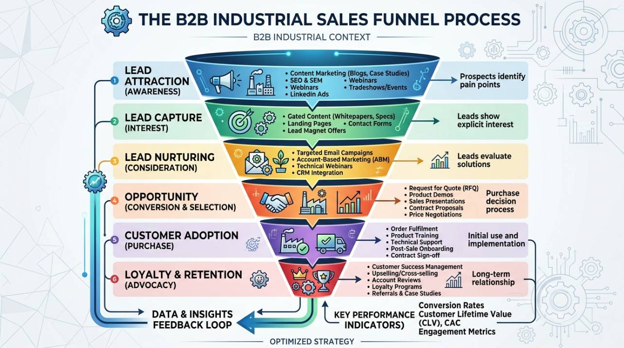 Fluxograma ilustrando as etapas do funil de vendas no marketing industrial B2B, da atração de leads à fidelização do cliente