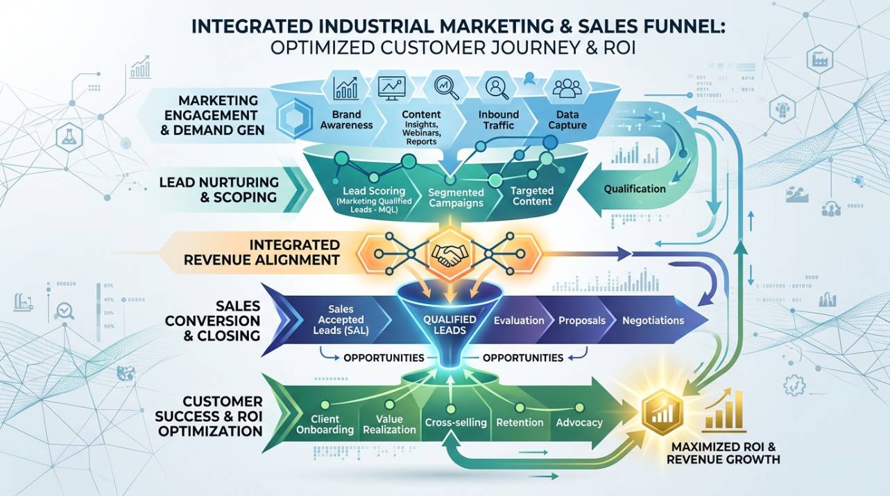 Representação gráfica de um funil de marketing e vendas integrado para o setor industrial, mostrando a jornada do cliente e a colaboração entre as equipes para gerar leads qualificados e otimizar o ROI.