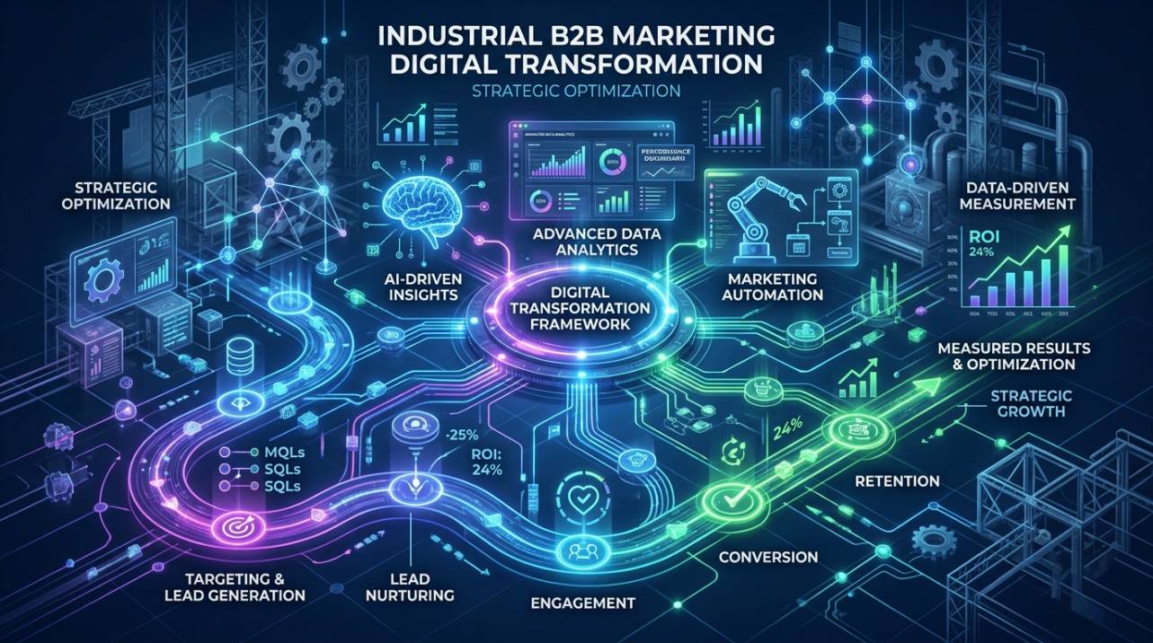 Transformação digital no marketing B2B industrial, representando a integração de IA, dados e automação para otimizar a jornada do cliente e a medição de resultados.