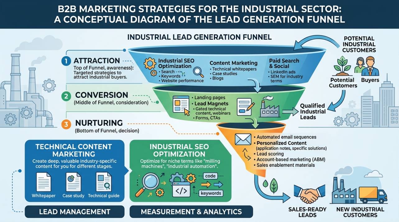 Diagrama de estratégias de marketing B2B para indústria, ilustrando o funil de atração, conversão e nutrição de leads industriais através de conteúdo técnico e SEO.