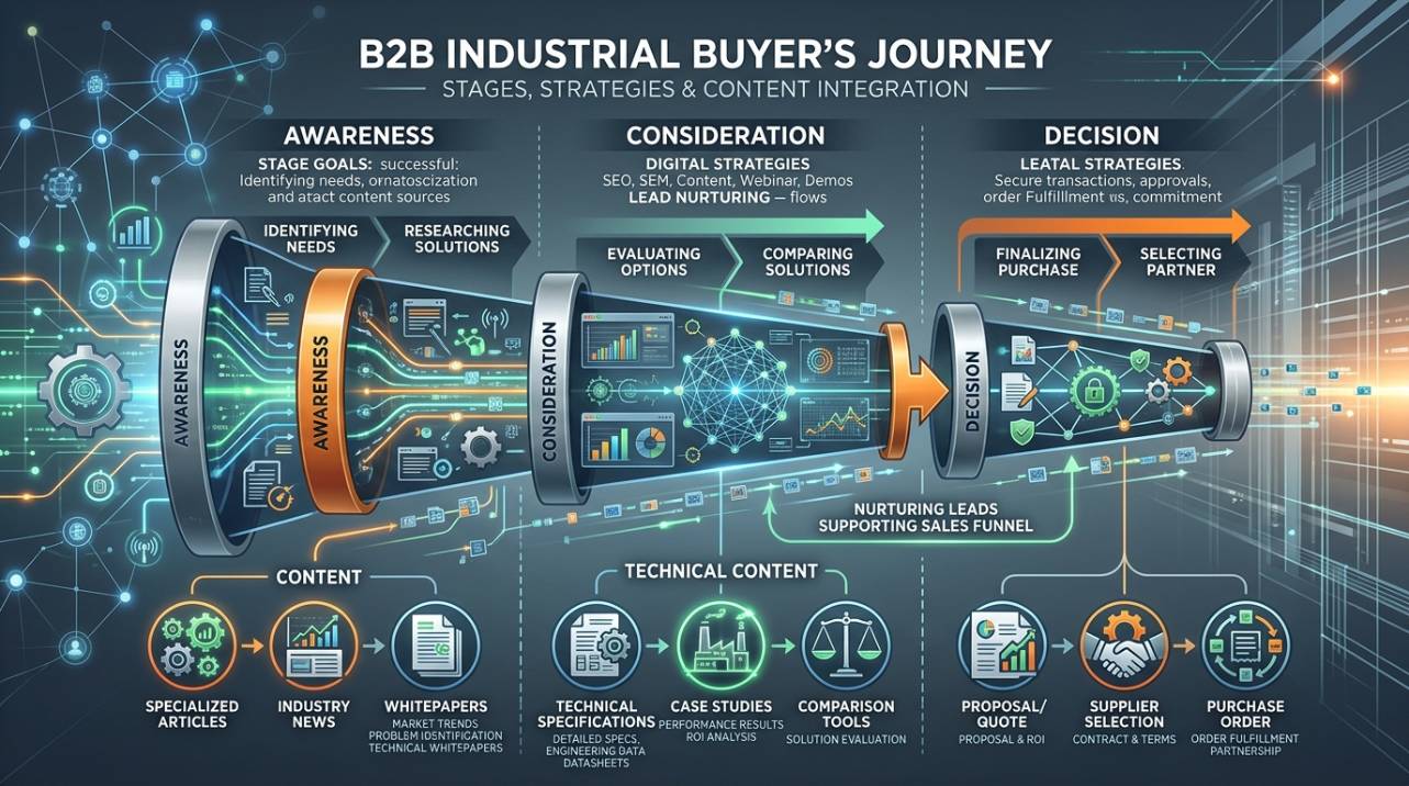 Gráfico ilustrando o fluxo da jornada de compra B2B no setor industrial, desde a conscientização até a decisão, demonstrando a integração de estratégias digitais e de conteúdo técnico para nutrir leads e apoiar o funil de vendas.