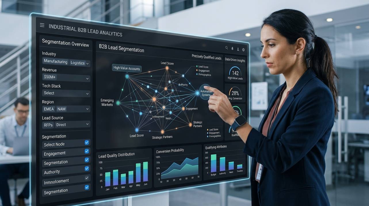 Profissional utilizando ferramentas de marketing digital para segmentação de leads industriais B2B, com foco em dados e qualificação de contatos