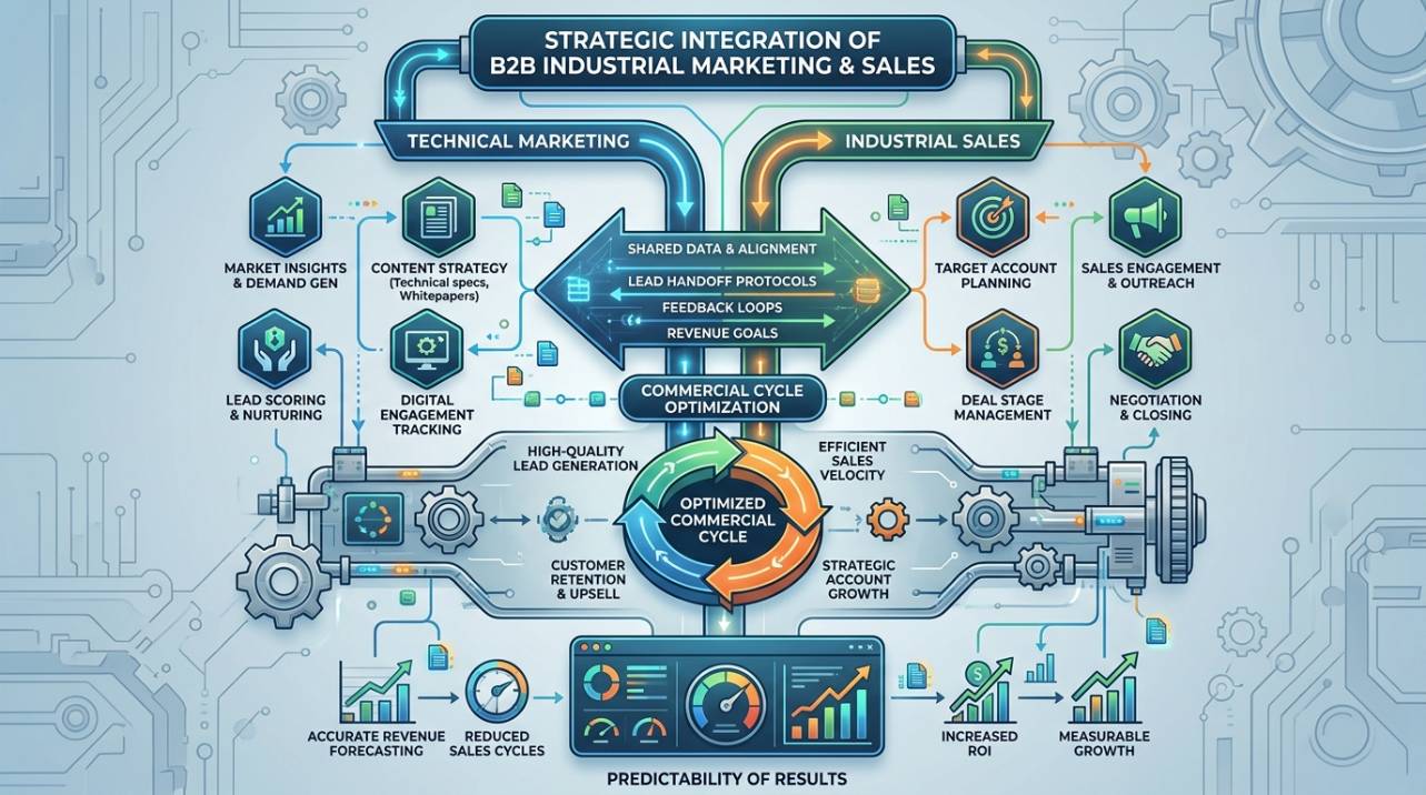 Diagrama ilustrando a integração estratégica entre marketing e vendas no marketing industrial B2B para otimização do ciclo comercial e previsibilidade de resultados.