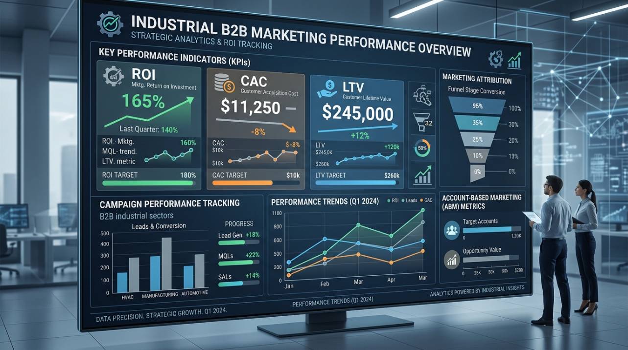 Gráfico de indicadores de desempenho de marketing industrial, mostrando o acompanhamento de métricas como ROI, CAC e LTV para estratégias B2B.