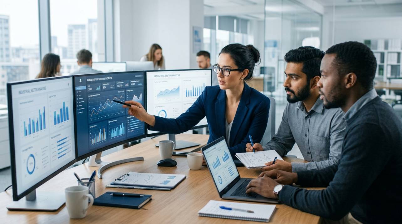 Profissionais de marketing industrial analisando dados de performance, ilustrando a expertise em análise de resultados para otimizar campanhas.