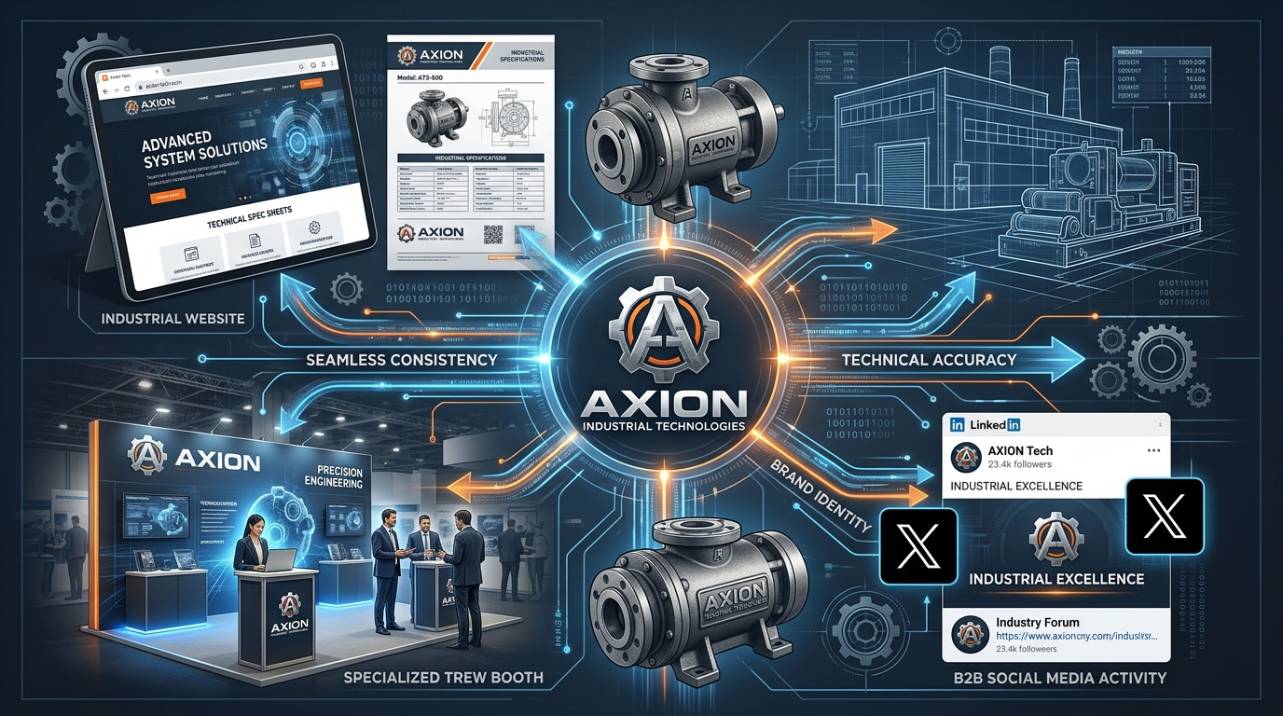 Representação visual da consistência de marca em diversos canais digitais e físicos, ilustrando a aplicação de uma identidade de marca robusta no marketing B2B industrial.