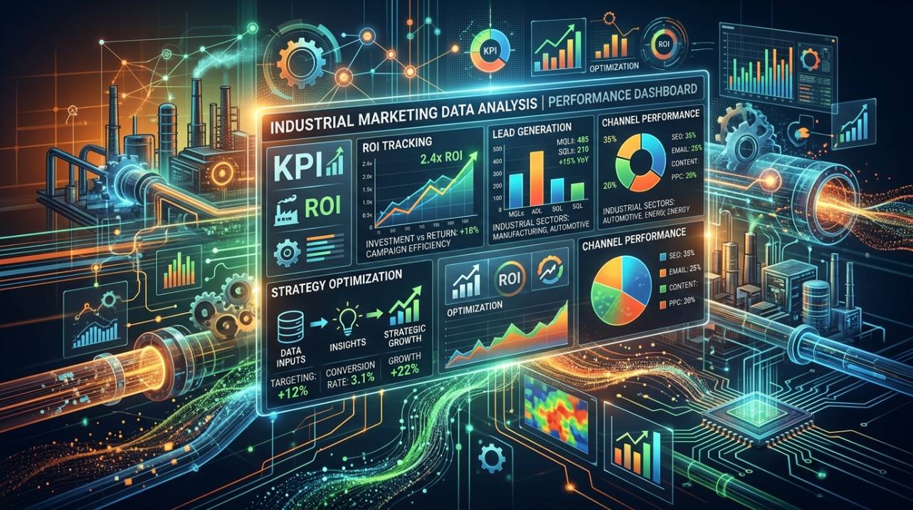 Análise de dados de marketing industrial em um painel digital, ilustrando a medição de KPIs e o acompanhamento do ROI para otimizar estratégias.