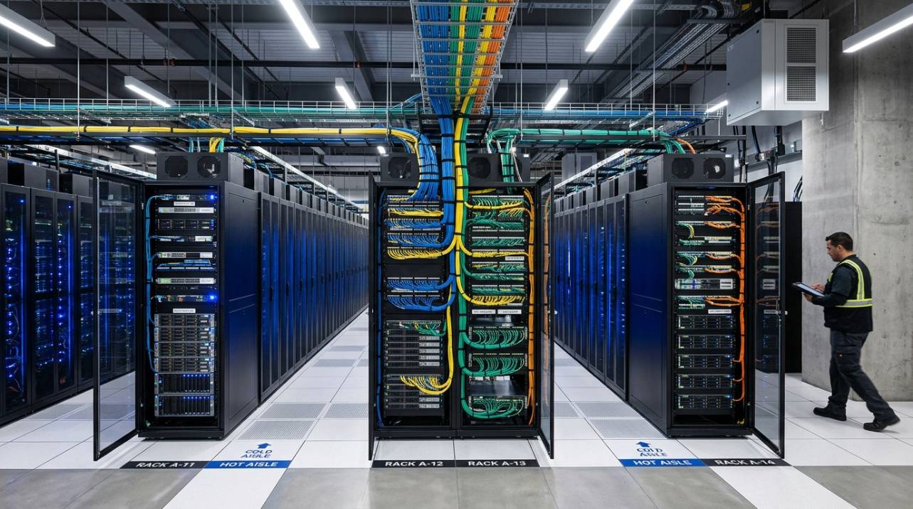 Organização de racks de servidores e cabeamento em um data center moderno, ilustrando a infraestrutura crítica para SEO técnico de alta performance.