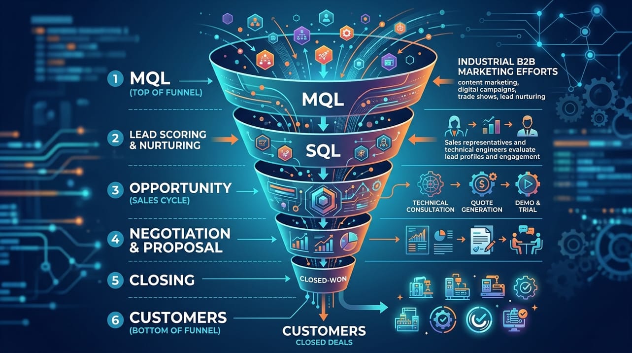 Representação visual do funil de vendas industrial, detalhando a progressão dos leads de MQL para SQL e, finalmente, para cliente, através de estratégias de marketing B2B.