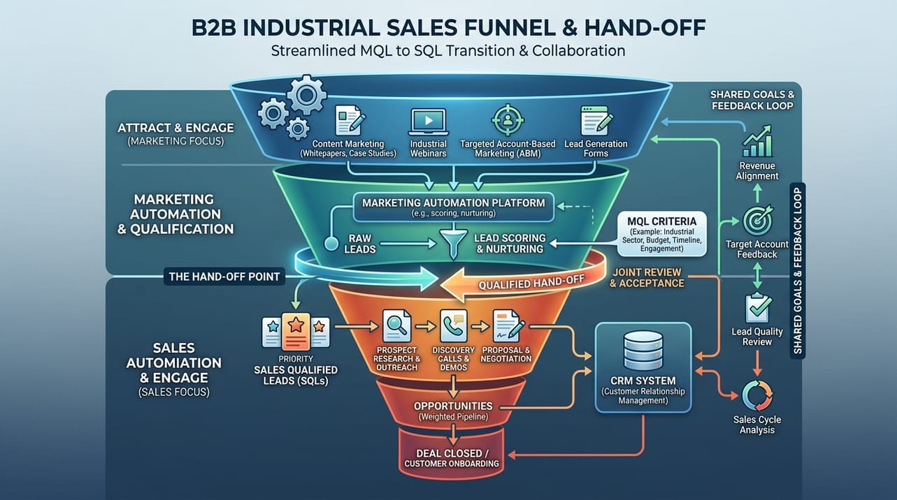 Diagrama de um funil de vendas B2B industrial com etapas de qualificação e automação destacadas, mostrando a transição de MQLs para SQLs e a integração entre marketing e vendas.