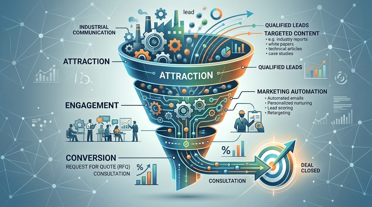 Representação visual de um funil de marketing B2B industrial, ilustrando as etapas de atração, engajamento e conversão de leads qualificados através de conteúdo e automação.
