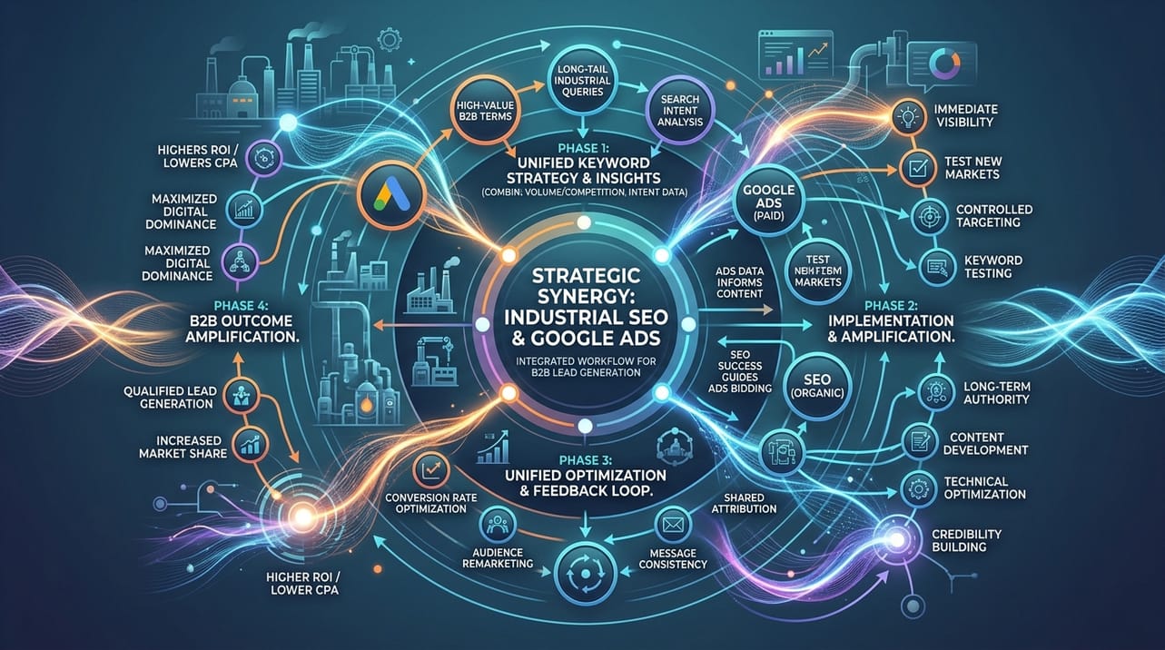 Diagrama ilustrando a sinergia entre estratégias de Google Ads e SEO para maximizar a presença digital de indústrias, com foco na geração de leads B2B.