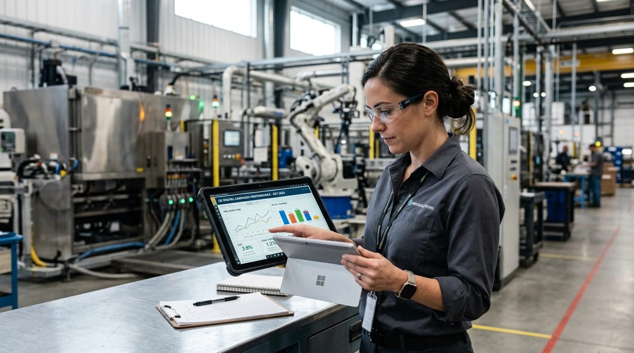 Profissional da indústria analisando dados de campanha digital em um tablet, com maquinário industrial ao fundo, representando a aplicação de anúncios Google no setor B2B para decisões estratégicas de marketing.