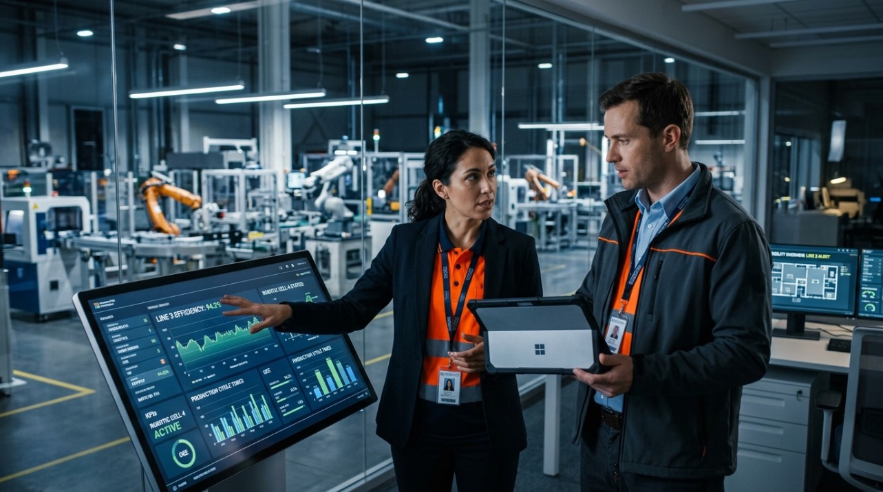 Profissionais de engenharia industrial analisando dados técnicos e processos de produção fabril em ambiente corporativo B2B