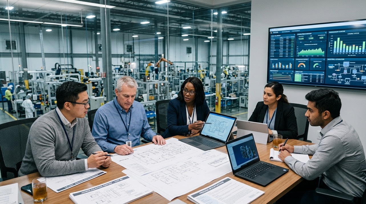 Engenheiros e gestores analisando dados de automação e processos industriais em reunião técnica de homologação