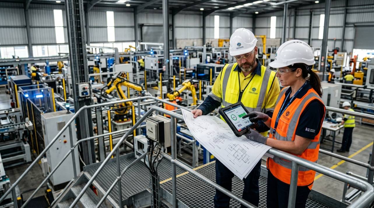Engenheiros industriais analisando dados operacionais e relatórios técnicos em ambiente fabril