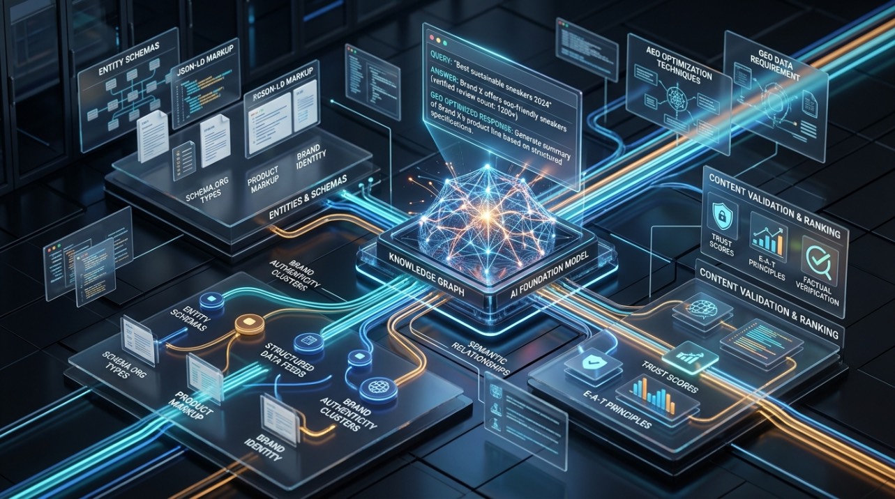 Diagrama de arquitetura semântica para AEO e GEO demonstrando como dados estruturados e autoridade temática alimentam mecanismos de inteligência artificial generativa