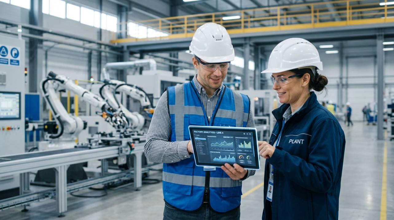 Engenheiro e gestor industrial analisando dados de automação e pipeline de vendas B2B em tablet na planta fabril