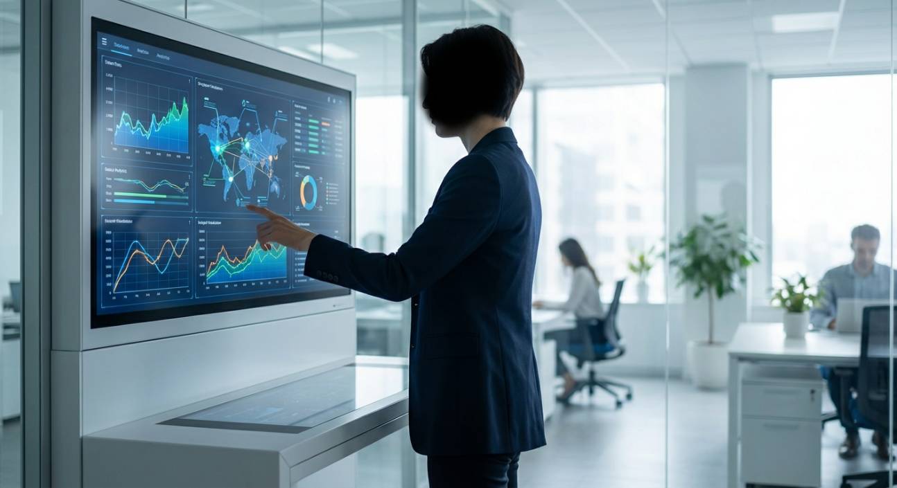 Profissional analisando dados de marketing técnico para indústria em um dashboard.