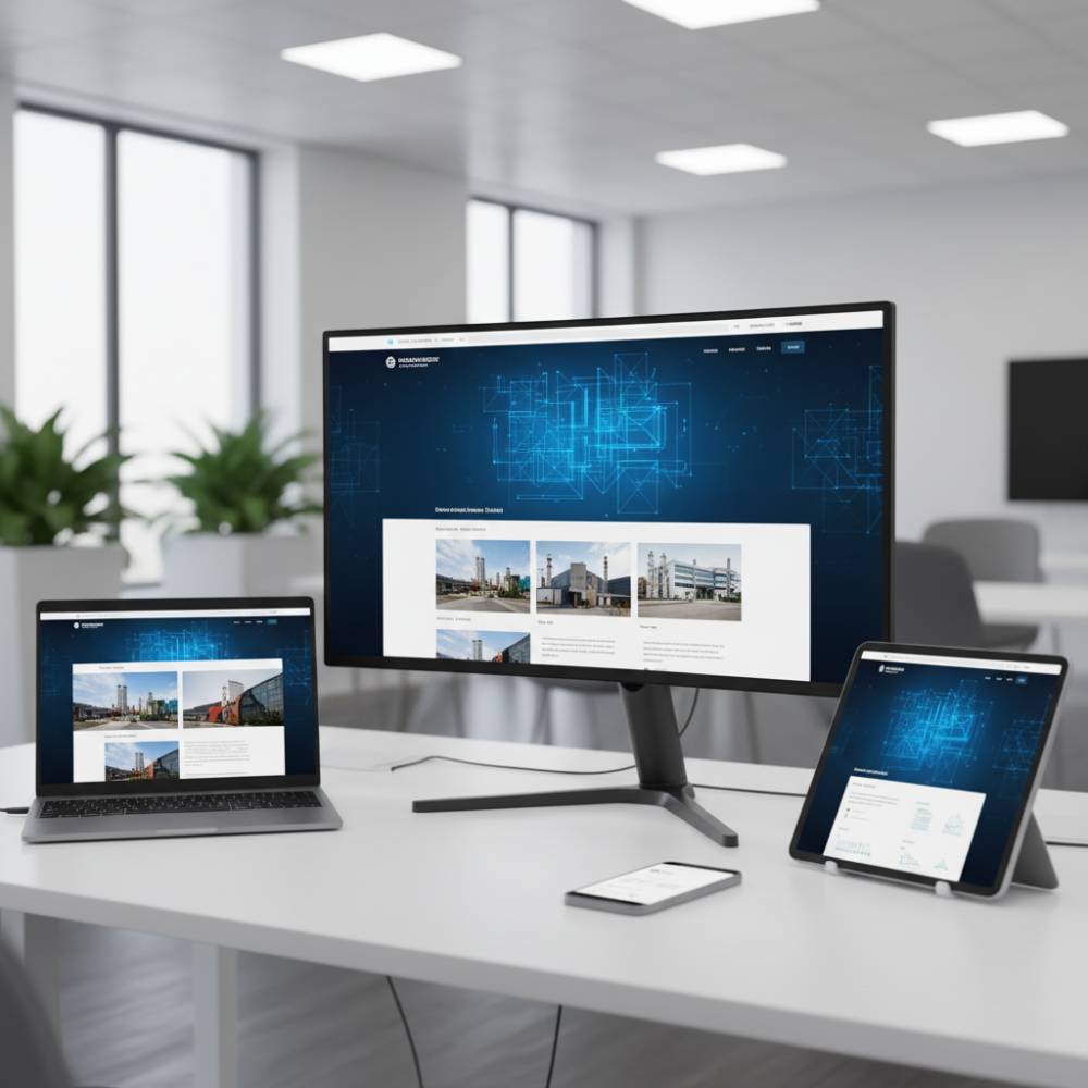 Site industrial exibindo design responsivo em diferentes dispositivos