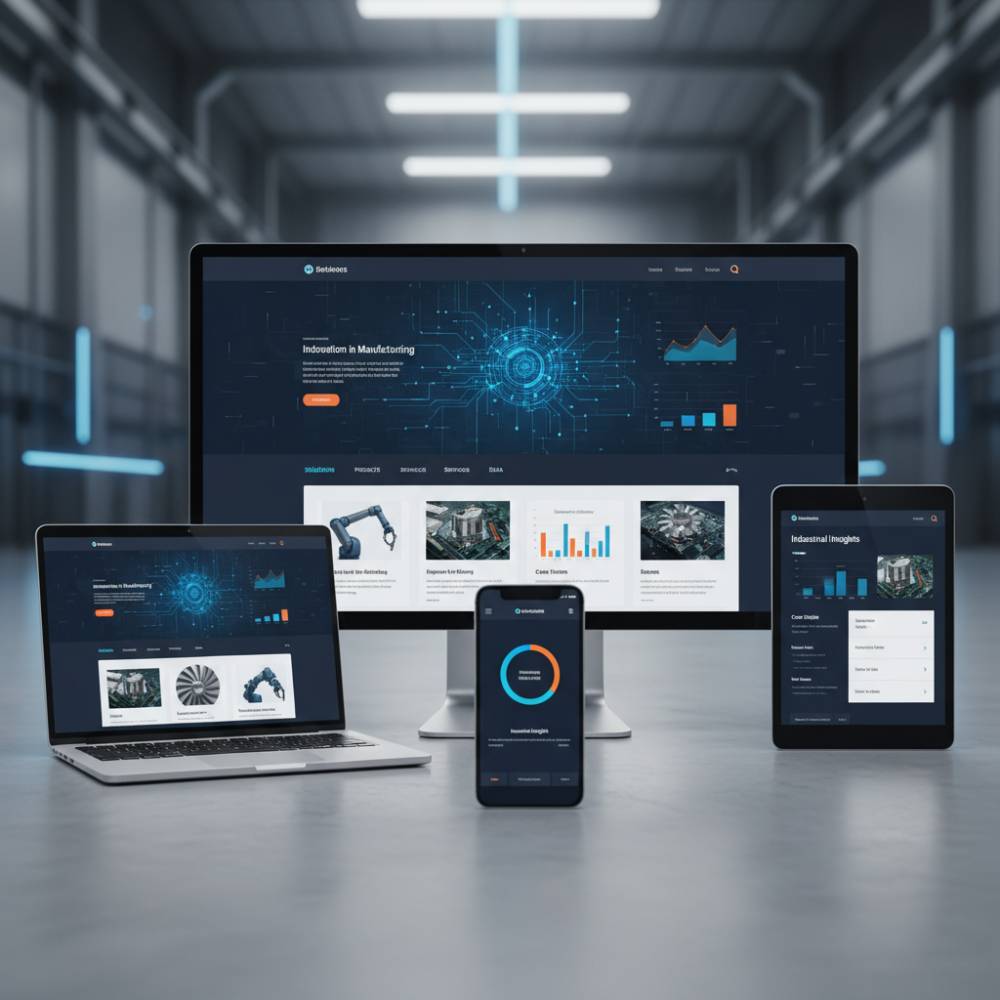 Layout de site B2B industrial responsivo, mostrando a otimização para diferentes dispositivos.