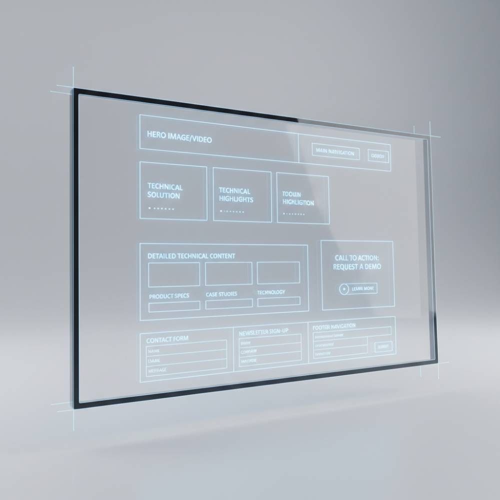 Wireframe de um site B2B industrial mostrando a estrutura da página inicial com foco em conteúdo técnico e formulários de contato.