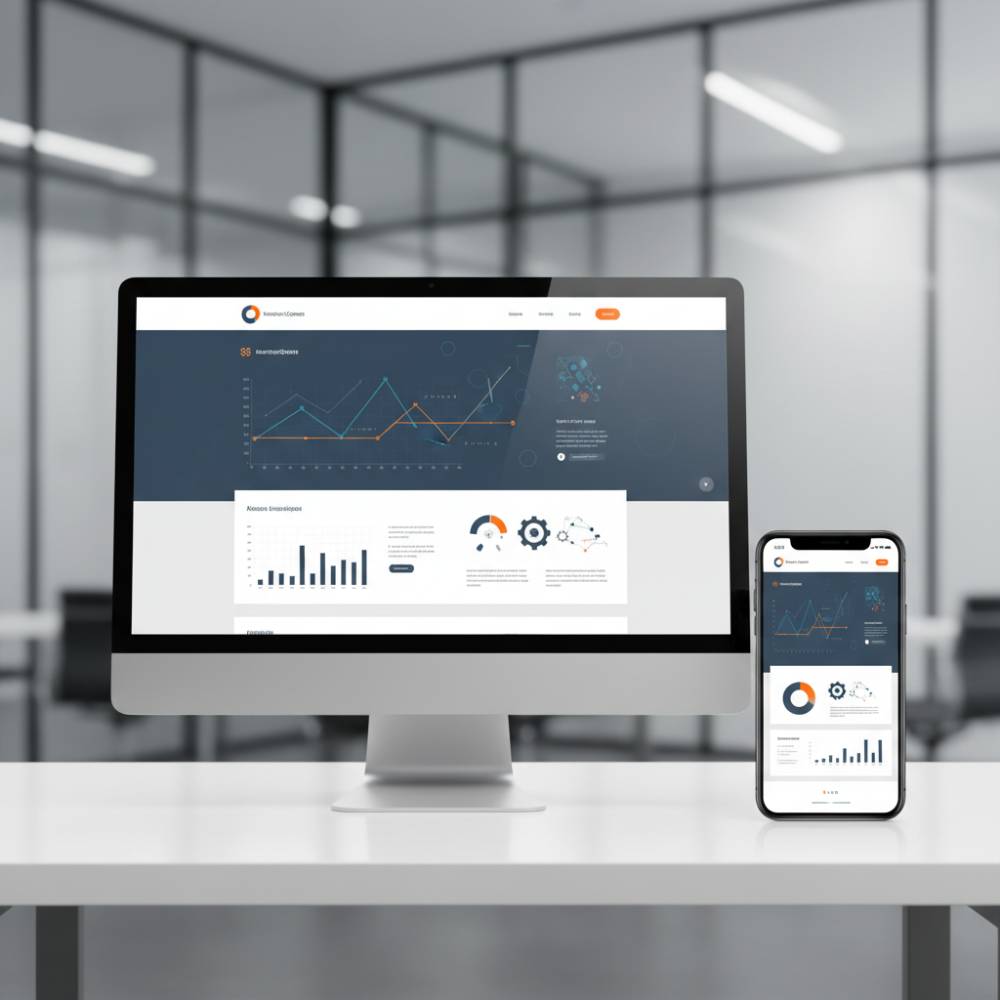 Layout de site responsivo exibido em dispositivos móveis e desktop para empresa industrial.