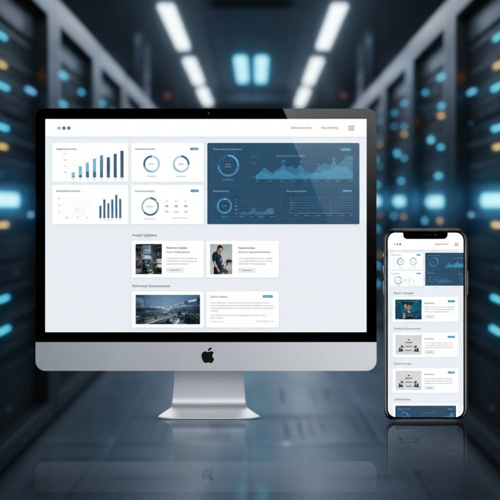 Interface de um site industrial administrável em WordPress com design intuitivo.