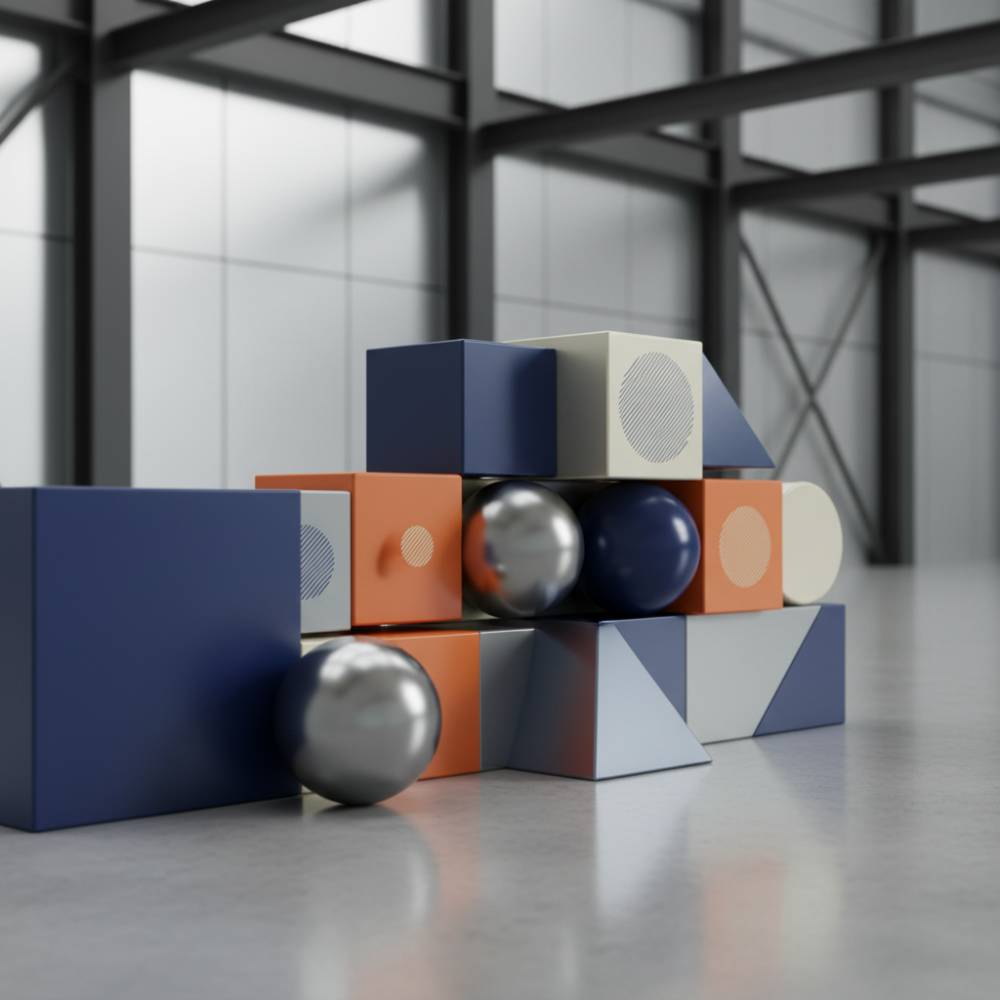 Paleta de cores comum em identidades visuais industriais: tons de azul, cinza e laranja.