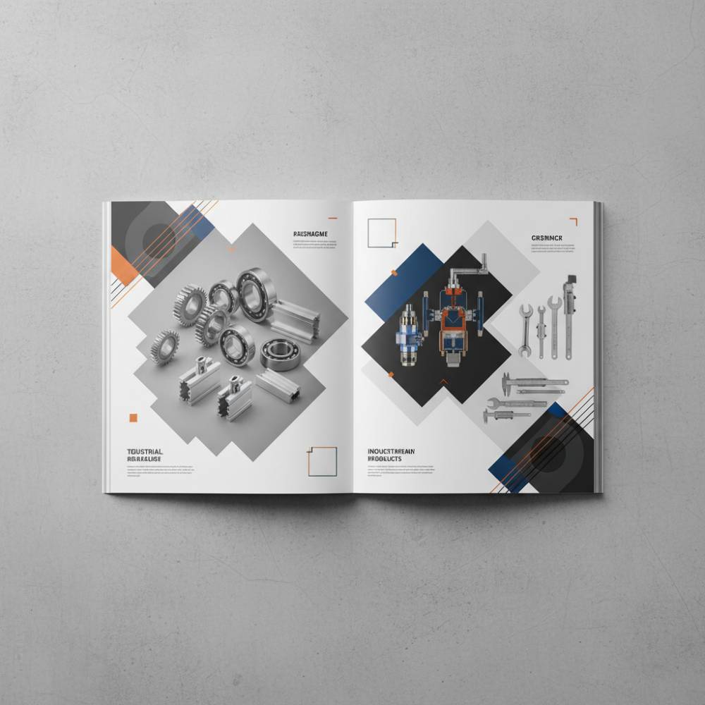 Exemplo de aplicação de identidade visual industrial em um catálogo de produtos.