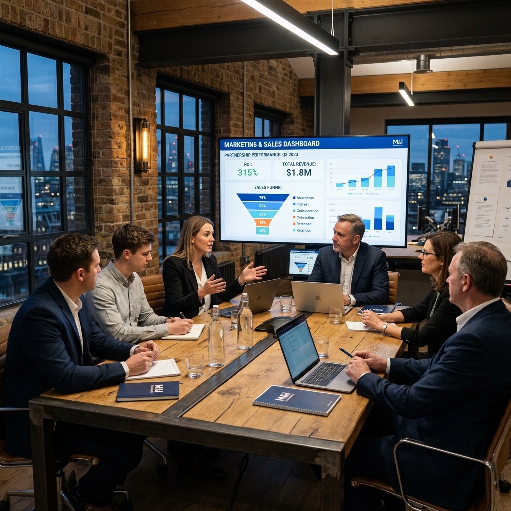 Reunião estratégica entre agência de marketing e executivos industriais analisando funil de vendas.