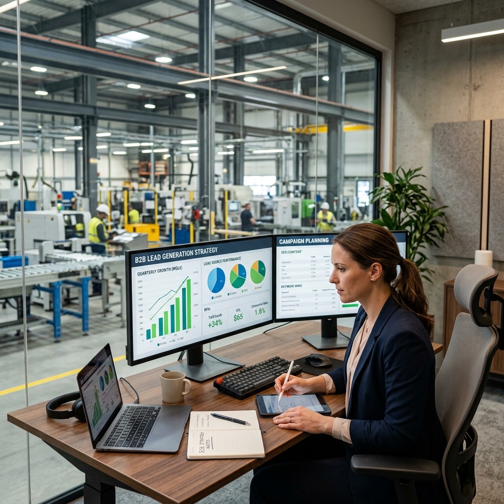 Planejamento de estratégias de marketing digital B2B em um ambiente industrial moderno.