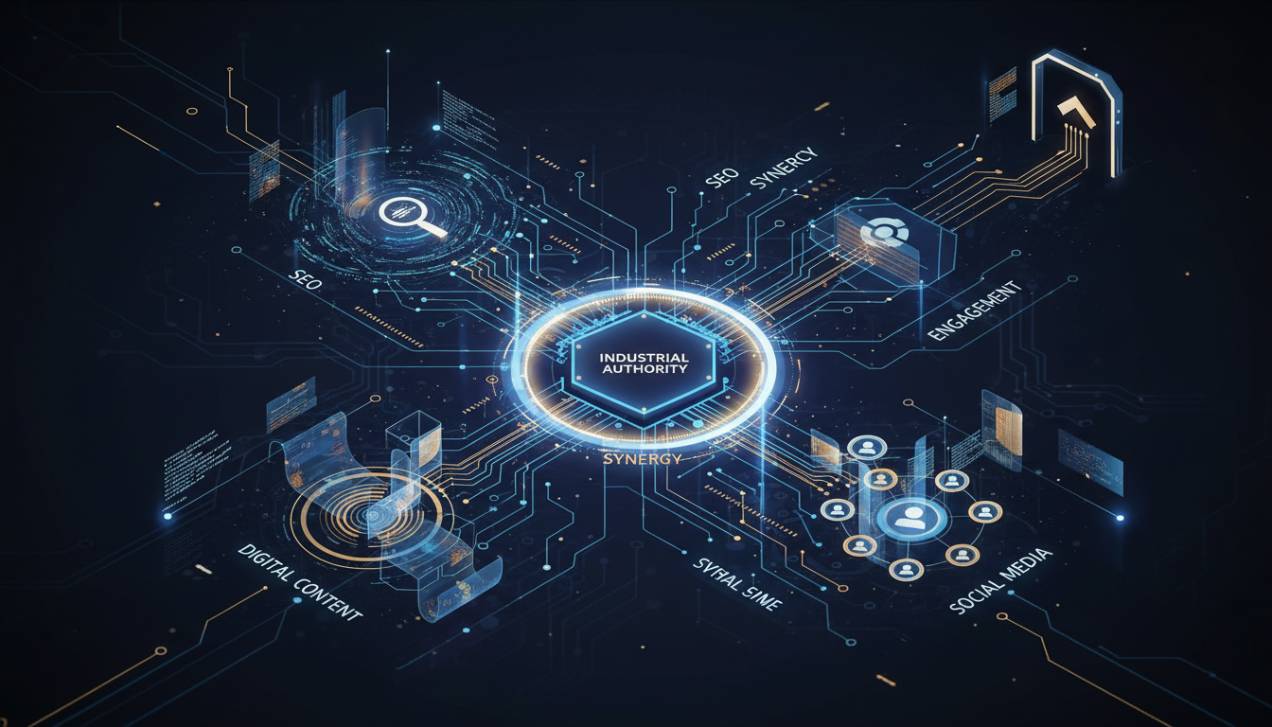 Representação de uma estratégia de marketing digital B2B para a indústria, com elementos de SEO, conteúdo e redes sociais, ilustrando a abordagem integrada para construção de autoridade e engajamento.