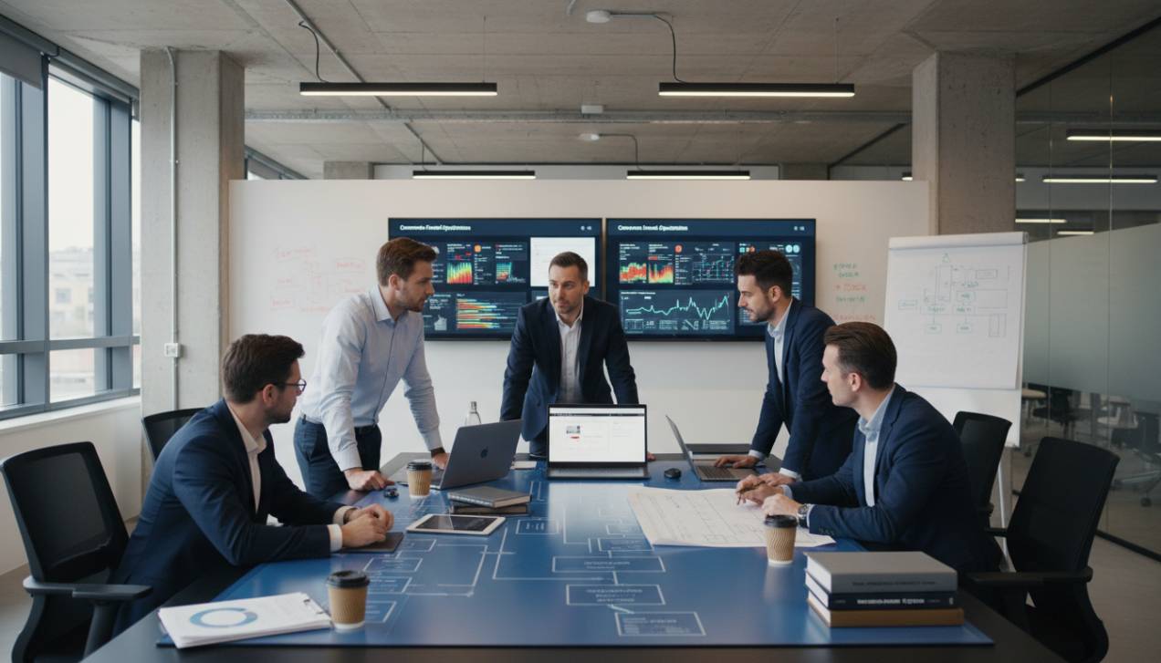 Equipes de marketing e vendas B2B industriais colaborando para desenvolver conteúdo técnico estratégico e otimizar funil de conversão.