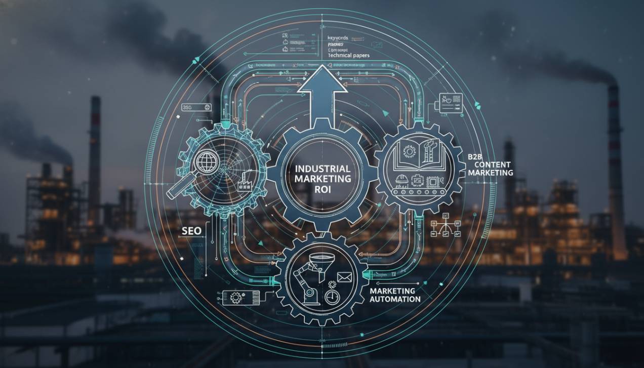 Diagrama ilustrando a integração de SEO, marketing de conteúdo B2B e automação para maximizar o ROI no marketing industrial, mostrando a sinergia entre as estratégias.