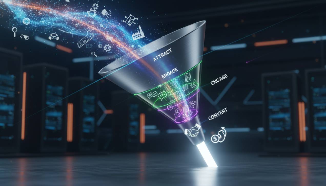 Representação visual de um funil de marketing digital focado em vendas B2B industriais, com etapas de atração, engajamento e conversão de leads qualificados.