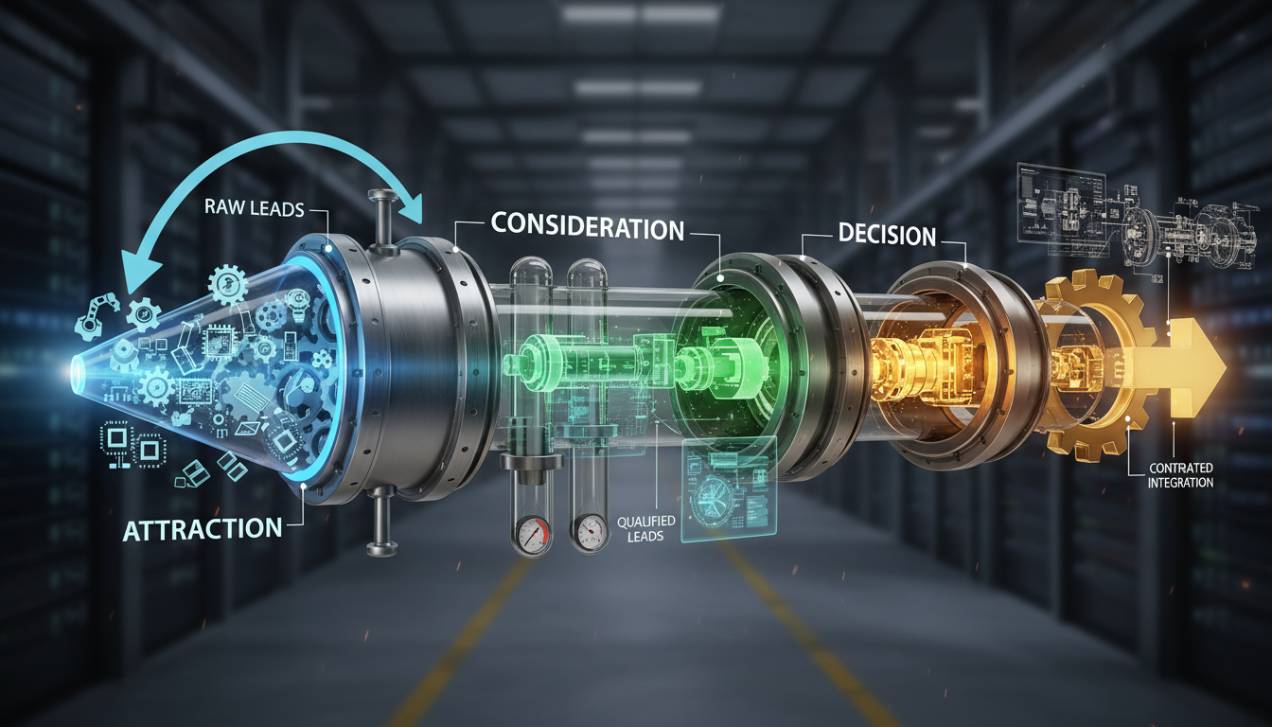 Representação visual de um funil de vendas B2B industrial, ilustrando as etapas de atração, consideração e decisão, e a progressão dos leads.