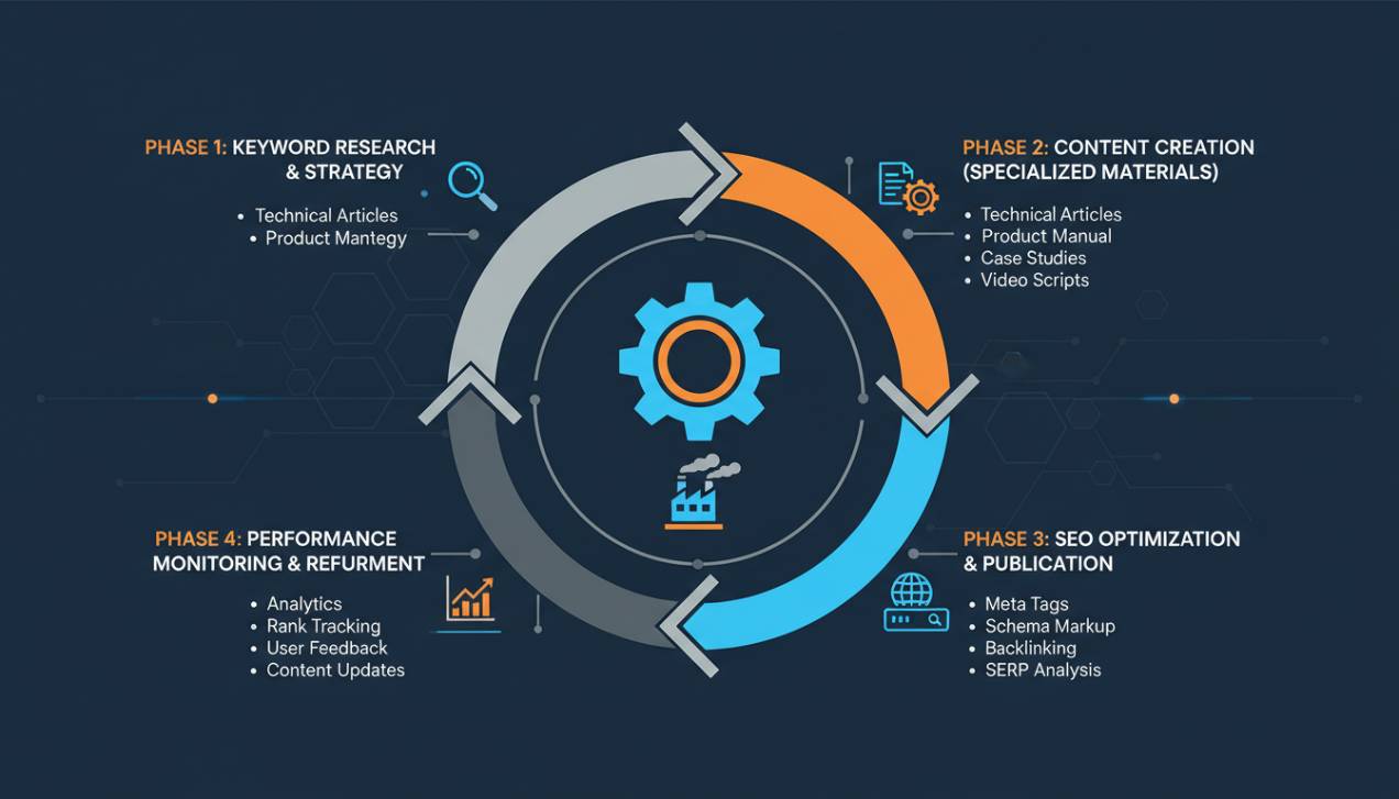Gráfico ilustrando o fluxo de produção de conteúdo técnico otimizado para SEO na indústria, destacando etapas de pesquisa de termos e criação de materiais especializados.