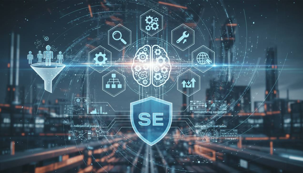 Planejamento de conteúdo para SEO industrial, com etapas de pesquisa de palavras-chave e otimização para atrair leads técnicos.