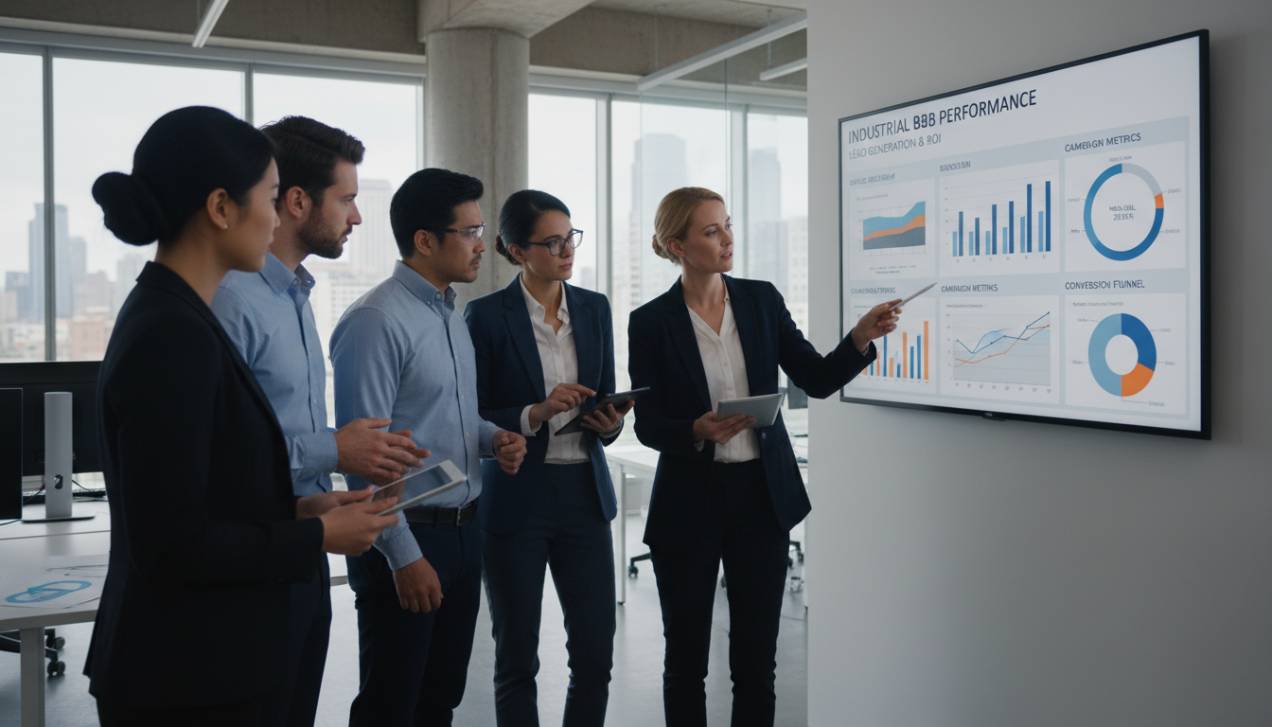 Profissionais discutindo um dashboard de performance de marketing, ilustrando a análise de dados para otimização de estratégias de geração de leads industriais.