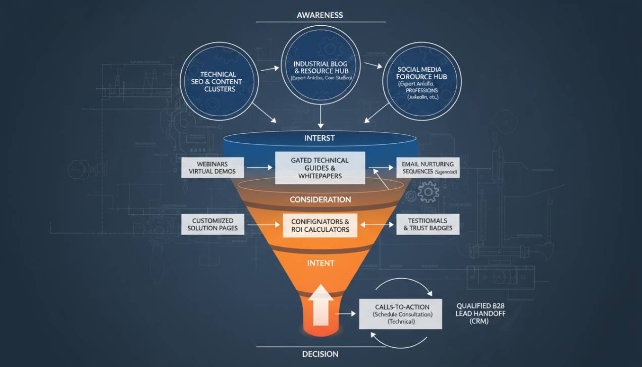 Diagrama representando diversas estratégias de marketing digital e conteúdo técnico interconectadas para a geração de leads B2B industrial, ilustrando um funil de vendas.