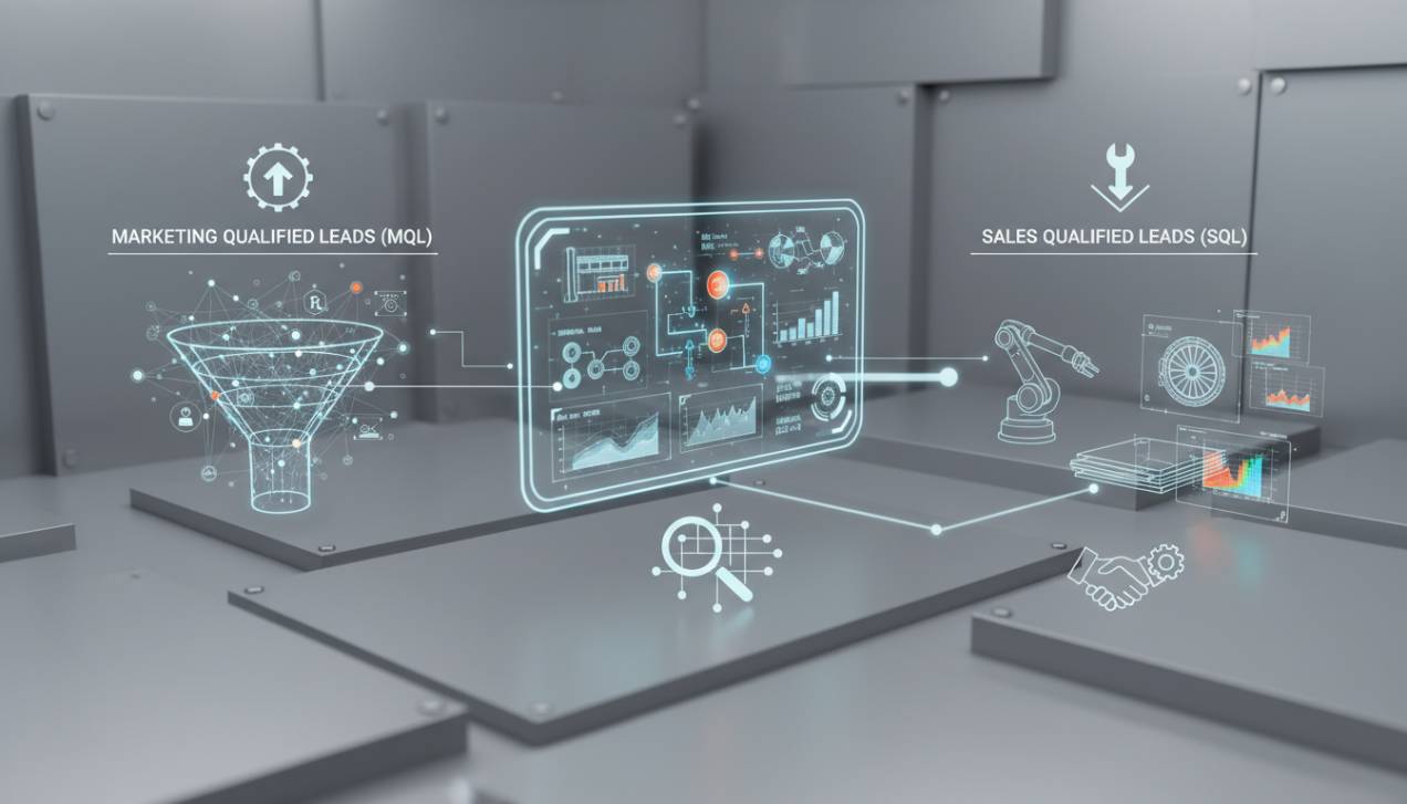Representação visual do processo de qualificação de leads industriais, ilustrando a transição de MQL para SQL e a importância da análise de dados.