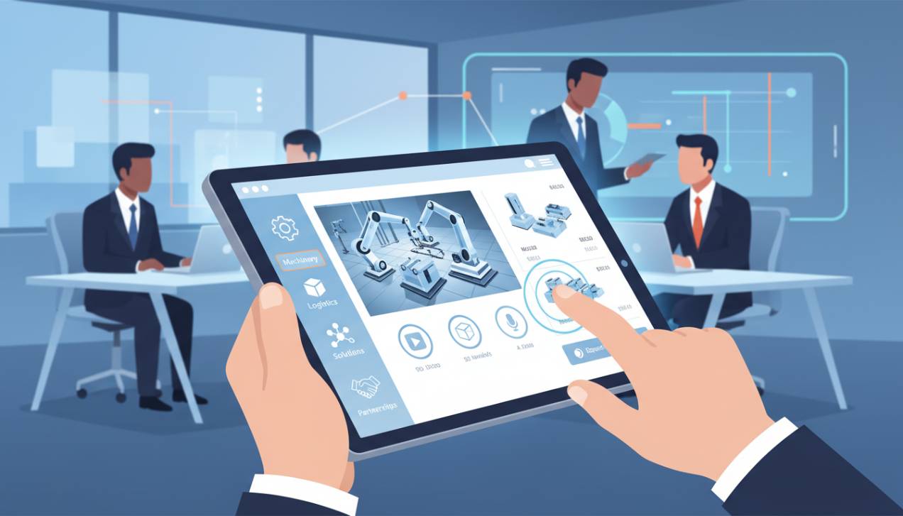 Ilustração de um catálogo digital interativo em um tablet, destacando recursos multimídia e navegação intuitiva para o público B2B.