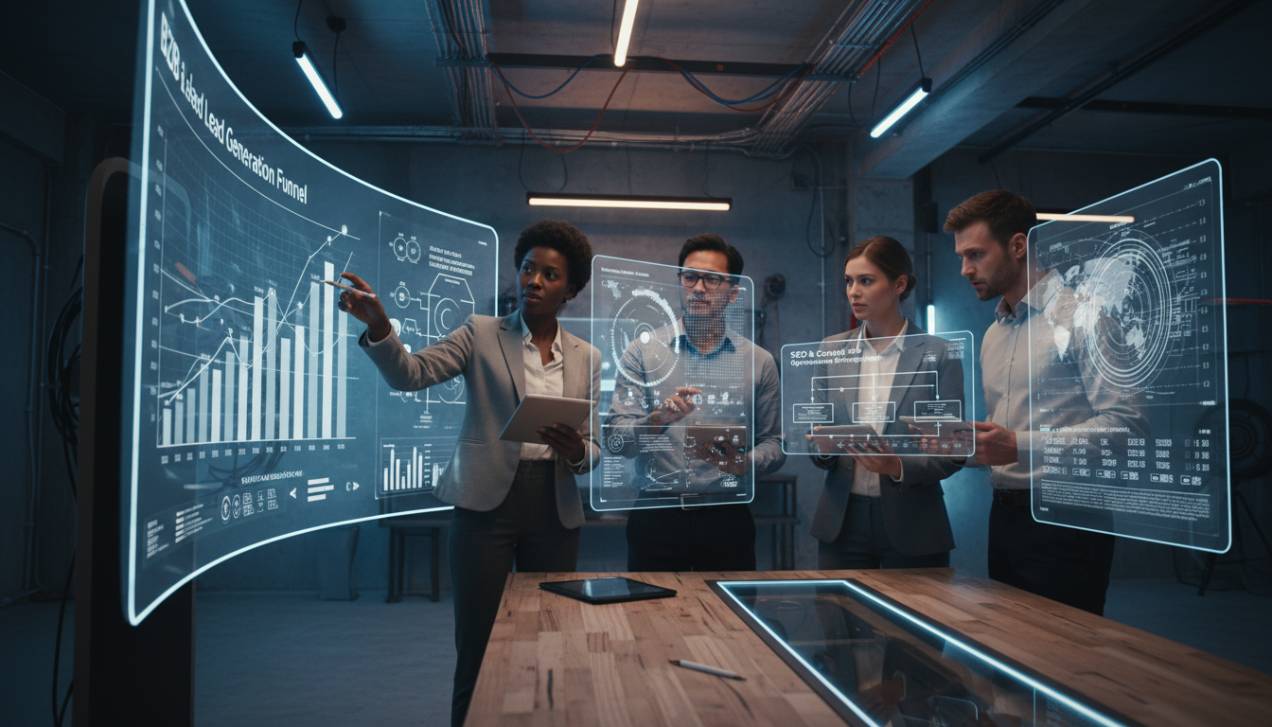 Profissionais de marketing industrial analisando dados em frente a gráficos, simbolizando a abordagem estratégica e data-driven para otimizar a visibilidade online e a geração de leads B2B.