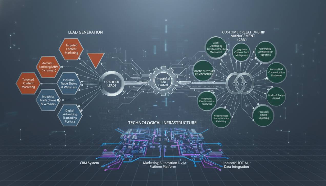Diagrama ilustrando a complexidade das interações e canais em uma estratégia de marketing industrial B2B, com foco em leads, relacionamento e tecnologia.